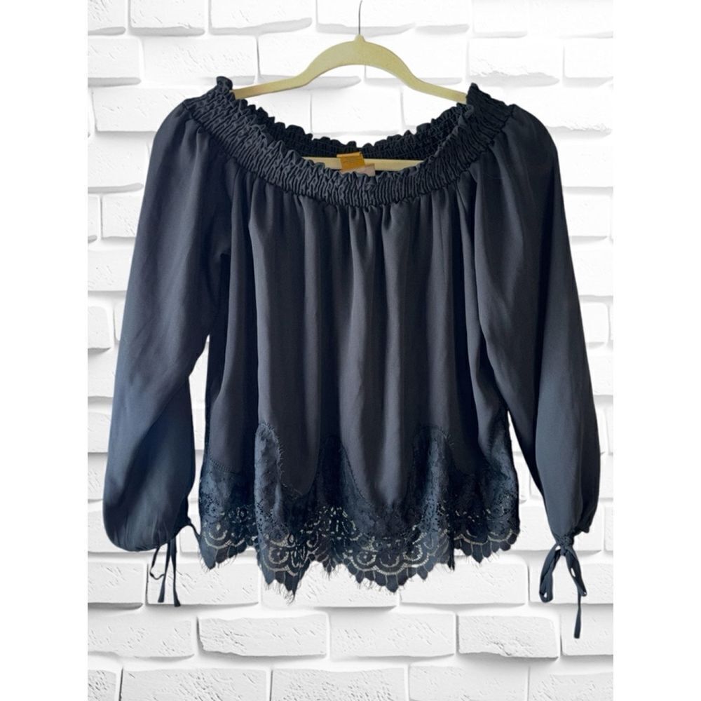Wrangler Women’s Small Retro Black Frayed Lace Long Tie Sleeve Western Blouse